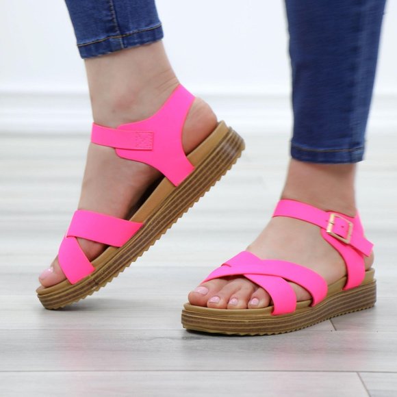 Neon Pink Strappy Comfort Sandals Faux Nubuck - Picture 11 of 14